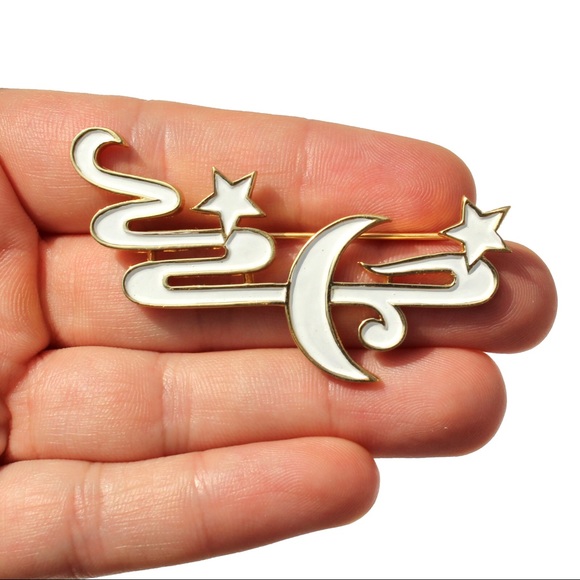 Vintage Crown Trifari Crescent Moon & Stars Brooch - Picture 4 of 6